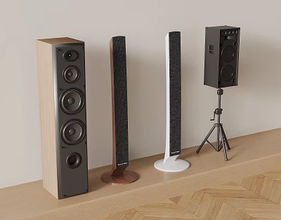 Home Audio Speakers With Various Modern Designs On Wooden Tabletop Setup 3d model
