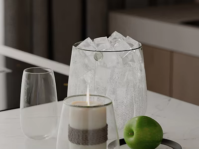 Decorative Ornament Set With Ice Bucket Glass Cup Candle Green Apple And Tray 3d model