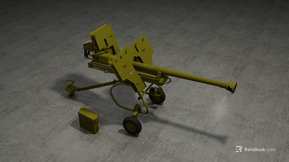 Yellow Military Artillery Weapon With Mount Wheels And Ammunition Box 3d model 