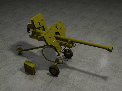 Yellow Military Artillery Weapon With Mount Wheels And Ammunition Box 3d model