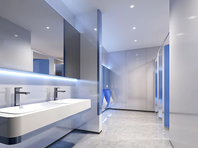 Modern Public Restroom Design With Double Sinks Large Mirrors Blue Accents And White Gray Tones 3d model