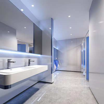 Modern Public Restroom Design With Double Sinks Large Mirrors Blue Accents And White Gray Tones 3d model