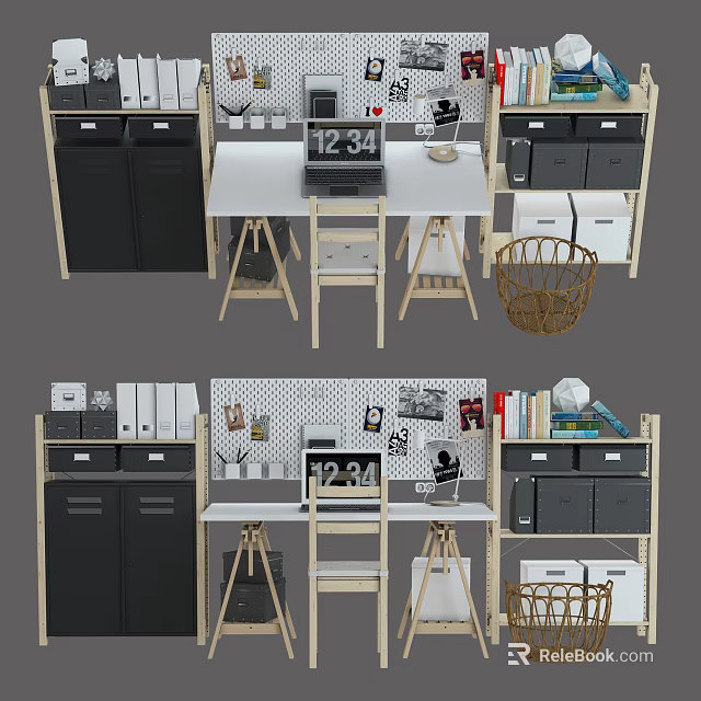 Modern Office Desk With Open Shelves Black Cabinets Stationery And Storage Baskets 3d model 