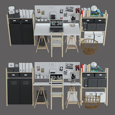Modern Office Desk With Open Shelves Black Cabinets Stationery And Storage Baskets 3d model