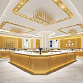 Luxurious Jewelry Store Interior With Golden Counters Chandeliers And Display Cases