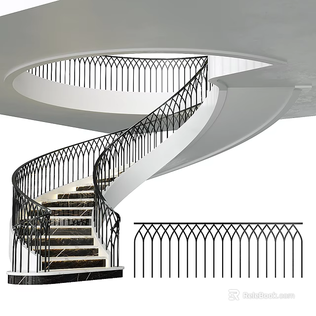 Elegant Modern Spiral Staircase With Black Iron Railing And Dark Steps 3d model