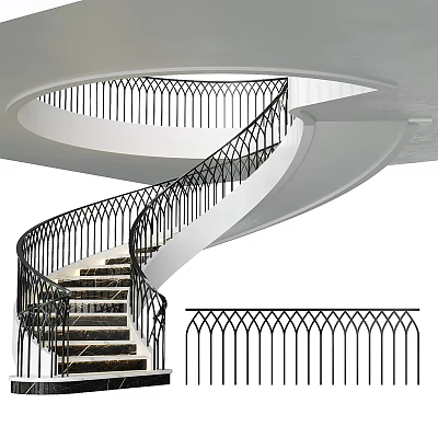 Elegant Modern Spiral Staircase With Black Iron Railing And Dark Steps 3d model