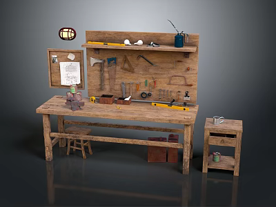 Wooden Workbench With Tools Stool And Cabinet Featuring Wall Mounted Tool Rack And Bulletin Board 3d model