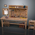 Wooden Workbench With Tools Stool And Cabinet Featuring Wall Mounted Tool Rack And Bulletin Board