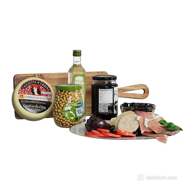 Fresh Mediterranean Food Assortment with Cheese Chickpeas Olive Oil Black Olives Vegetables and Cured Ham 3d model 