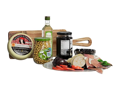 Fresh Mediterranean Food Assortment with Cheese Chickpeas Olive Oil Black Olives Vegetables and Cured Ham 3d model