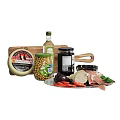 Fresh Mediterranean Food Assortment with Cheese Chickpeas Olive Oil Black Olives Vegetables and Cured Ham