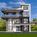 Modern Detached Villa With Multiple Balconies Large Glass Windows Green Lawn And Trees