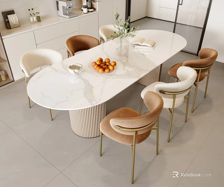 Elegant Modern Dining Table Set With White Marble Top Beige Brown Chairs And Golden Legs 3d model 