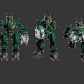 Game and Movie Characters Three Green Mech Robots in Different Action Poses with Detailed Armor