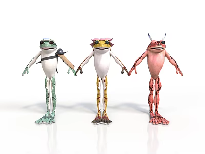 Three Colorful Cartoon Frogs Holding Hands With Unique Patterns And Designs 3d model