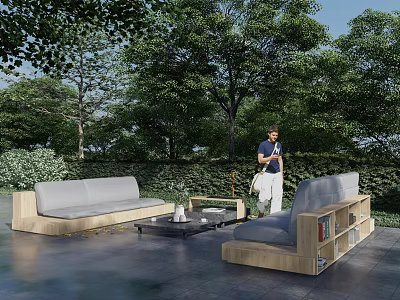 Outdoor Sofa with Wooden Frame and Gray Cushions in Garden Patio Setting with Coffee Table 3d model