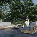 Outdoor Sofa with Wooden Frame and Gray Cushions in Garden Patio Setting with Coffee Table