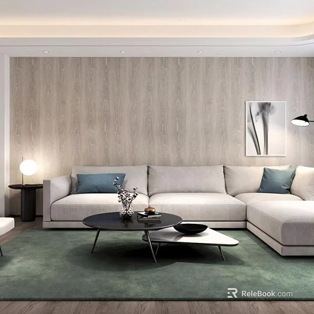 Beige Sectional Sofa In Living Room With Green Carpet Black Coffee Table Wooden Wall And Decorative Painting 3d model 