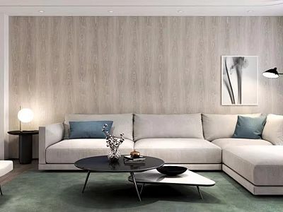 Beige Sectional Sofa In Living Room With Green Carpet Black Coffee Table Wooden Wall And Decorative Painting 3d model