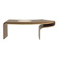 Sleek Contemporary Walnut Wood Dining Table With Smooth Curved Shape And Exquisite Gold Metal Inlay