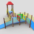 Colorful Outdoor Playground Equipment With Red Roof Slides Yellow Railings And Blue Platforms