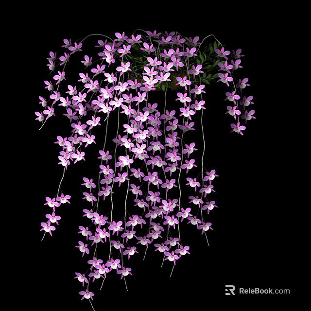 Vibrant Purple Hanging Vine Flowers in Clusters Against Black Background 3d model 