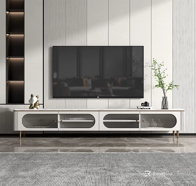 Modern White TV Stand With Drawers Doors Decorative Vase And Green Plant In Living Room 3d model 