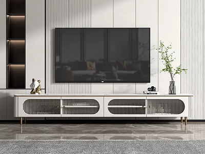 Modern White TV Stand With Drawers Doors Decorative Vase And Green Plant In Living Room 3d model