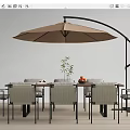 Modern Outdoor Table with Patio Umbrella Chairs and Tabletop Plant and Fruits
