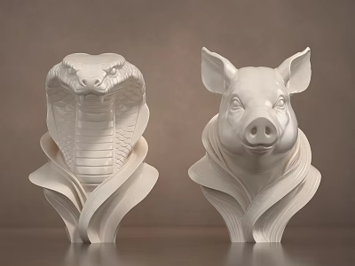 White Snake Head and Pig Head Sculptures With Decorative Base Carving Details 3d model