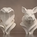 White Snake Head and Pig Head Sculptures With Decorative Base Carving Details