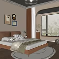 Warm Bedroom Interior Design With Wooden Bed Table Lamps And Round Rug