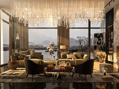 Luxury Modern Living Room With Stunning Crystal Chandelier And Panoramic Lake View Interior Design 3d model
