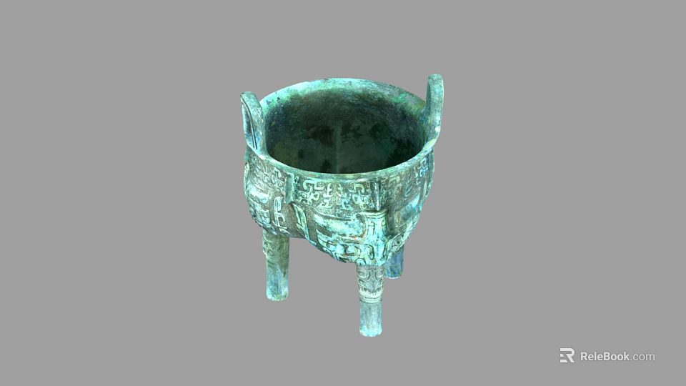 Ancient Chinese Bronze Ding Tripod With Intricate Carvings Double Handles And Three Legs 3d model 