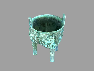 Ancient Chinese Bronze Ding Tripod With Intricate Carvings Double Handles And Three Legs 3d model
