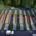 Wooden Landscape Bridge With Connected Structures Amid Green Lawn And Trees