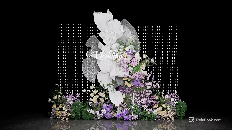Elegant Floral Installation with Large White Blooms Purple Pink Flowers and Hanging Decorations 3d model 
