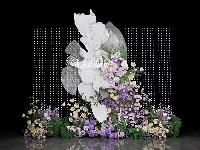 Elegant Floral Installation with Large White Blooms Purple Pink Flowers and Hanging Decorations 3d model