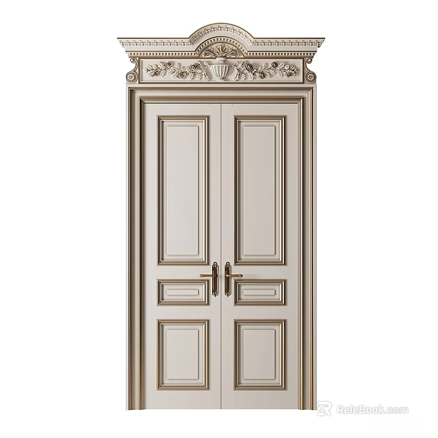Elegant Classical Style Double Doors With Carved Top And Decorative Frame 3d model 