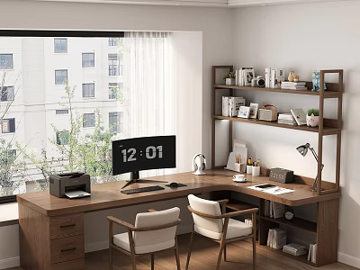 Modern Wooden Desk Interior With Computer Monitor Printer Desk Lamp Books And Chairs 3d model
