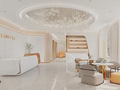 Modern Beauty and Hair Salon Interior With Elegant Chandelier Staircase and Sofa Seats 3d model