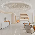Modern Beauty and Hair Salon Interior With Elegant Chandelier Staircase and Sofa Seats