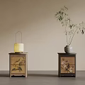 Decorative Bedside Tables With Floral Patterns Yellow Lantern And Green Plant Vase