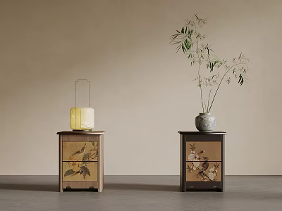 Decorative Bedside Tables With Floral Patterns Yellow Lantern And Green Plant Vase 3d model