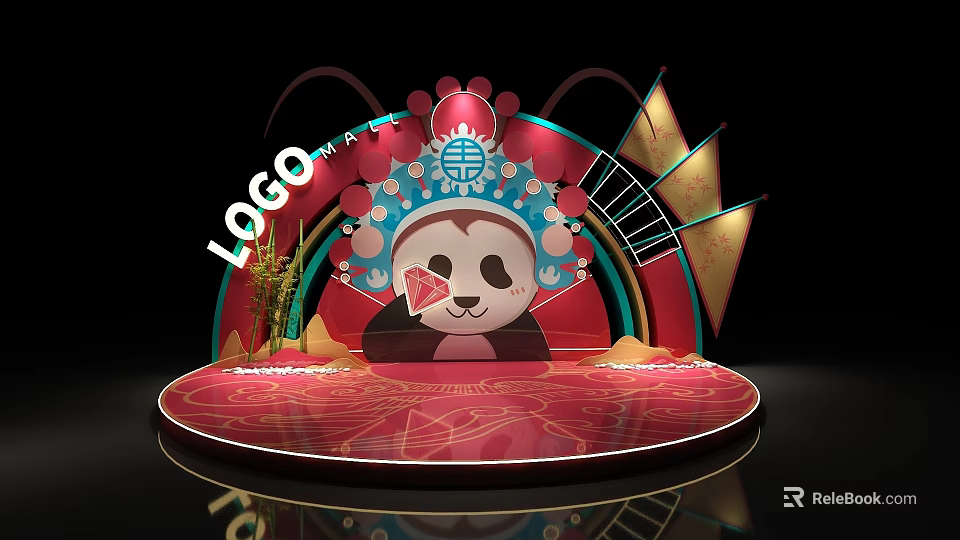 Chinese Style Photo Check in Spot With Panda Peking Opera Mask And Red Decorations 3d model 