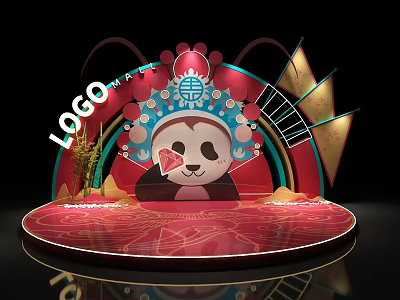 Chinese Style Photo Check in Spot With Panda Peking Opera Mask And Red Decorations 3d model