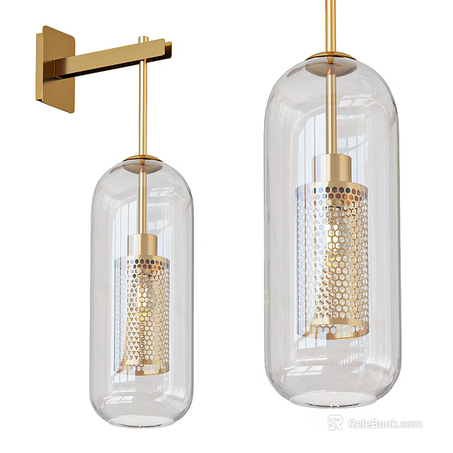 Modern Gold Wall Sconce with Transparent Glass Shade and Perforated Inner Design 3d model 