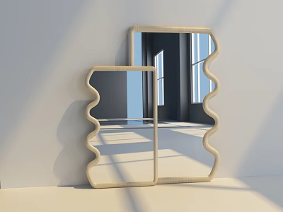 Wavy Frame Decorative Mirrors Reflecting Modern Room Interior With Windows 3d model