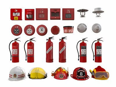 Various Types of Fire Safety Equipment With Extinguishers Alarms Helmets And Masks 3d model